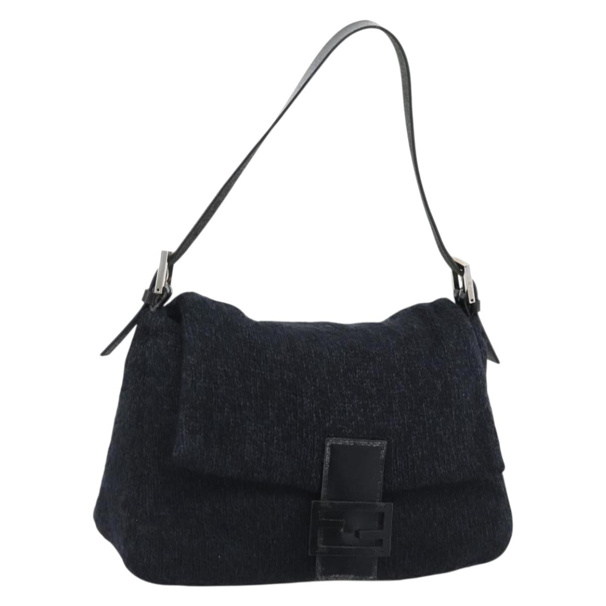 FENDI Mamma Baguette Shoulder Bag Wool Navy Silver Auth 196191