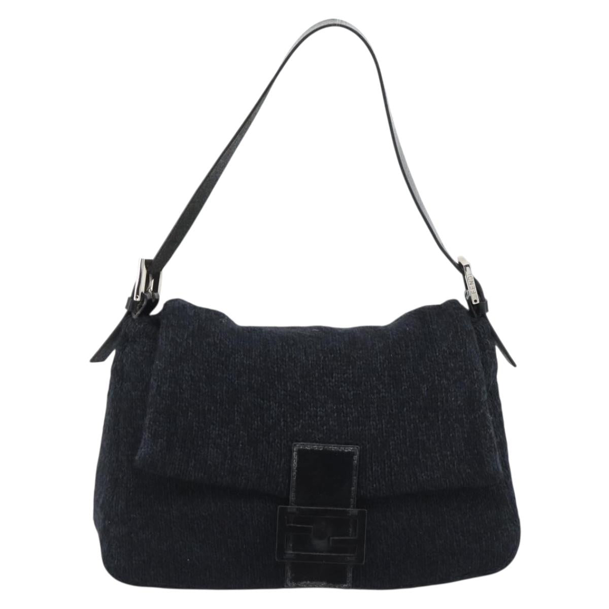 FENDI Mamma Baguette Shoulder Bag Wool Navy Silver Auth 196191
