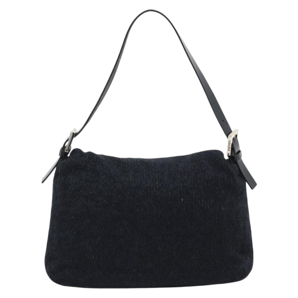 FENDI Mamma Baguette Shoulder Bag Wool Navy Silver Auth 196191