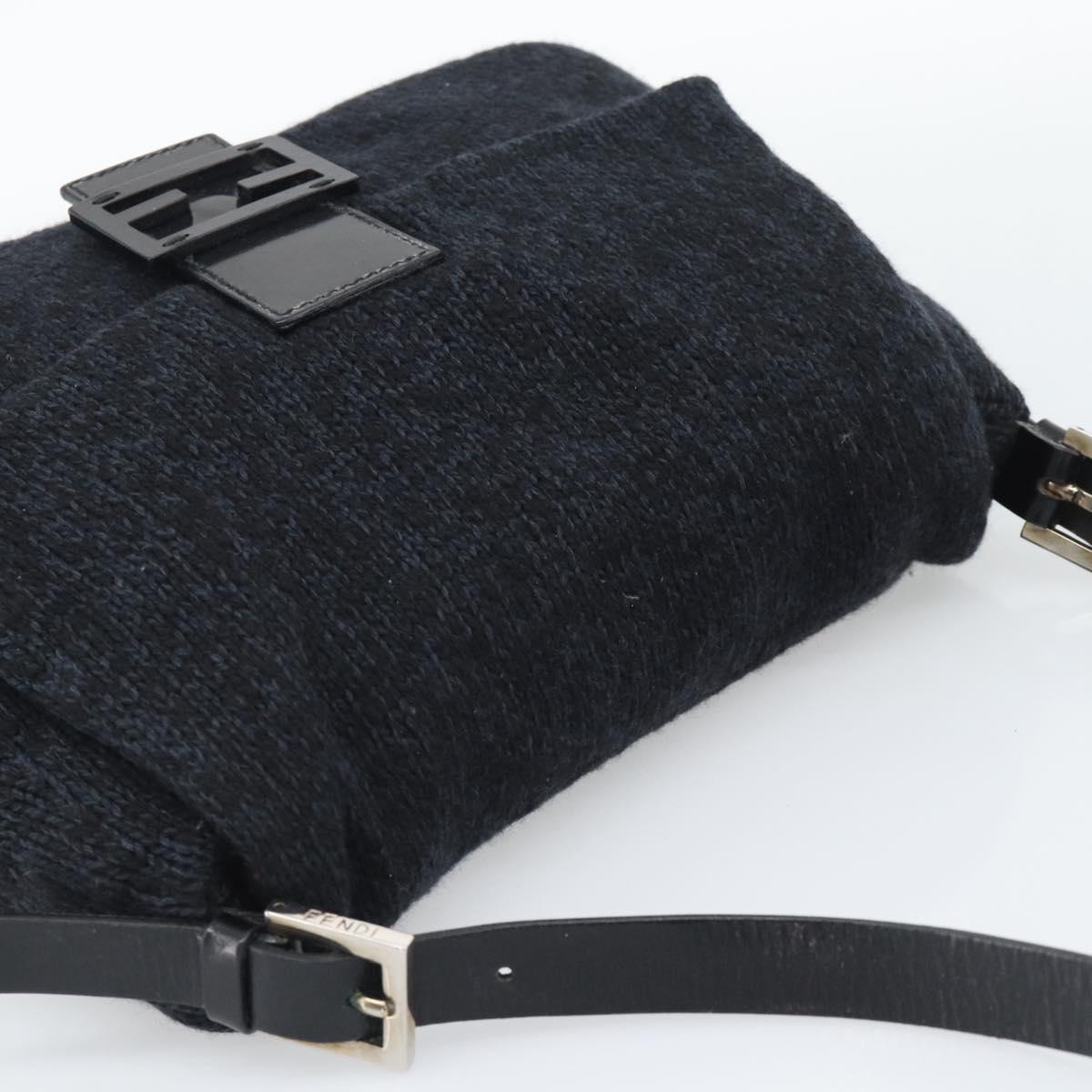 FENDI Mamma Baguette Shoulder Bag Wool Navy Silver Auth 196191