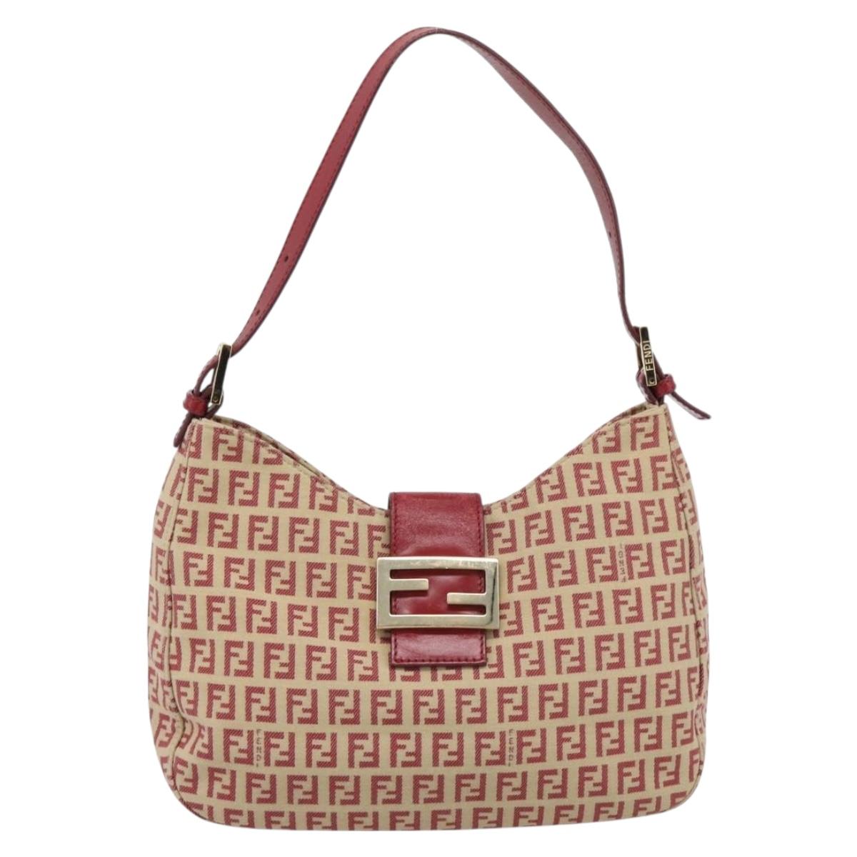FENDI Zucchino Canvas Shoulder Bag Red Gold Tone 8BR036 Auth 196201A