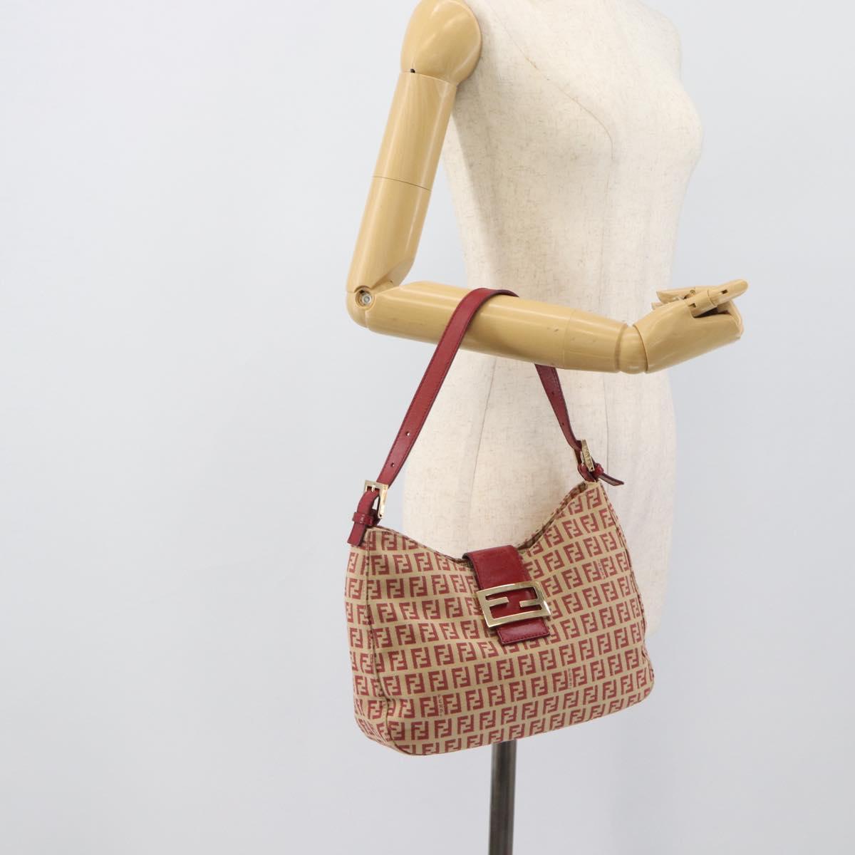 FENDI Zucchino Canvas Shoulder Bag Red Gold Tone 8BR036 Auth 196201A