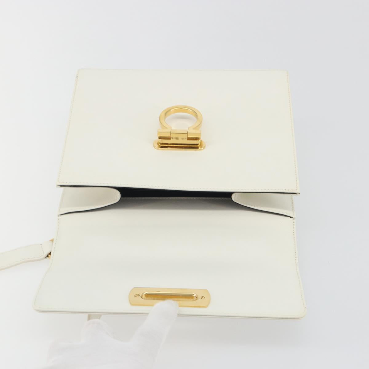 Salvatore Ferragamo Gancini Shoulder Bag Leather White Gold Tone Auth 196208