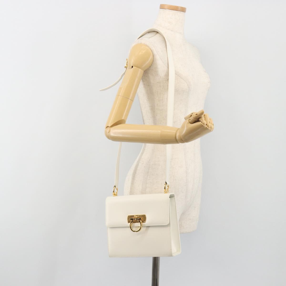 Salvatore Ferragamo Gancini Shoulder Bag Leather White Gold Tone Auth 196208