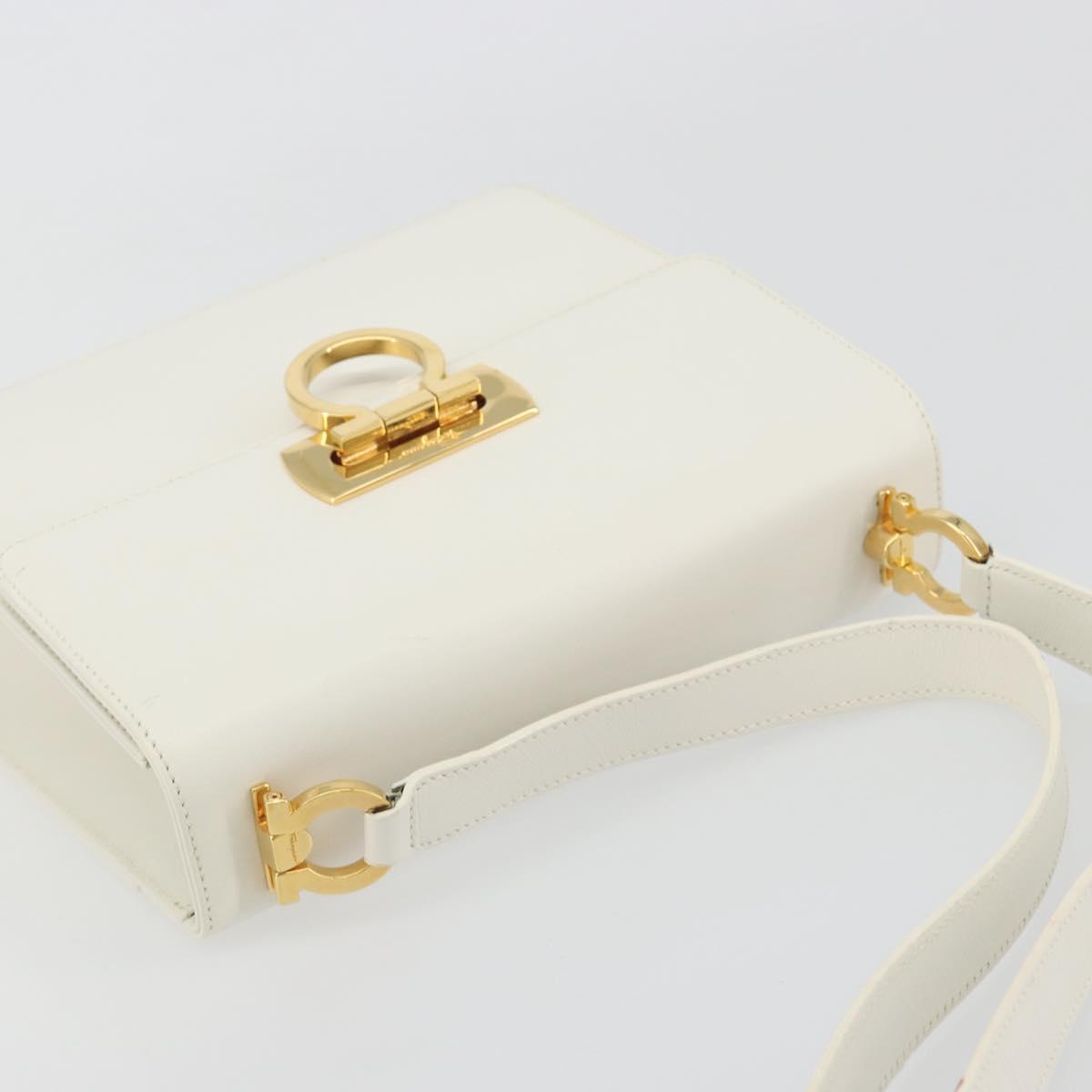 Salvatore Ferragamo Gancini Shoulder Bag Leather White Gold Tone Auth 196208