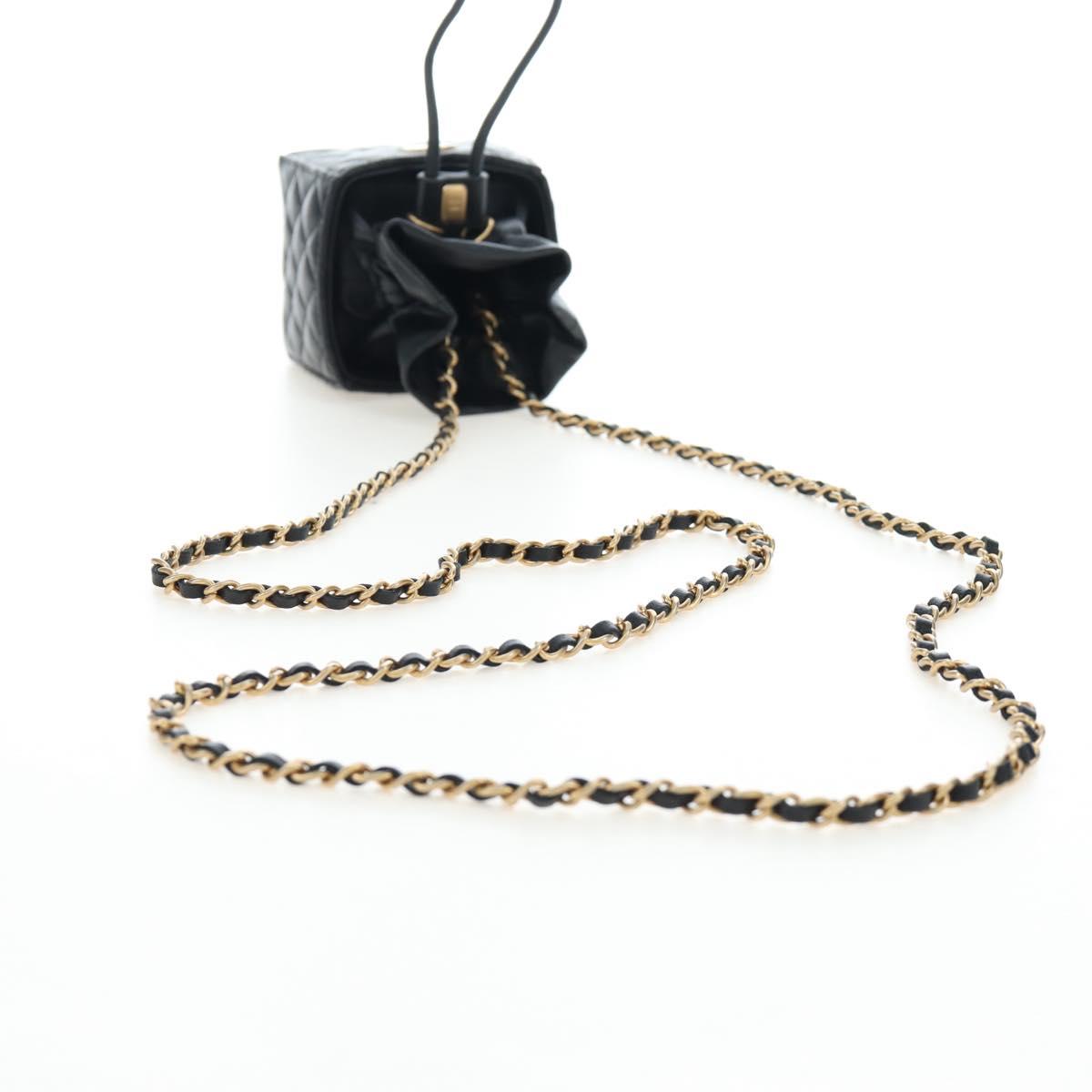 CHANEL Matelasse Chain Shoulder Pouch Lamb Skin Black Gold Tone CC Auth 196221M