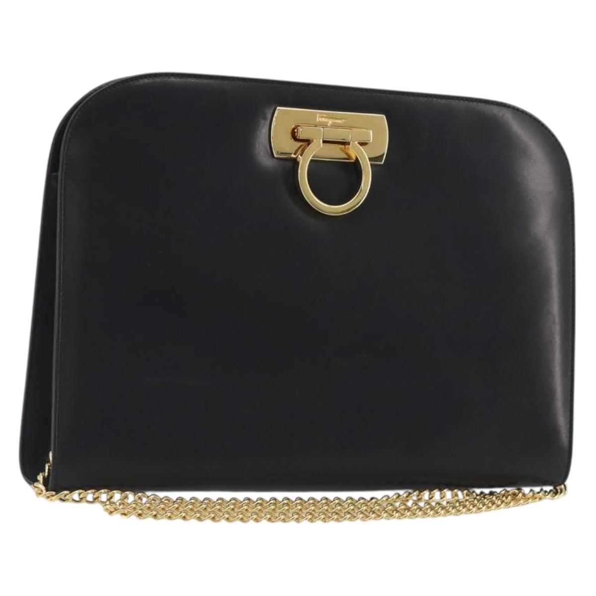 Salvatore Ferragamo Gancini Chain Shoulder Bag Leather Black Gold Auth 196249