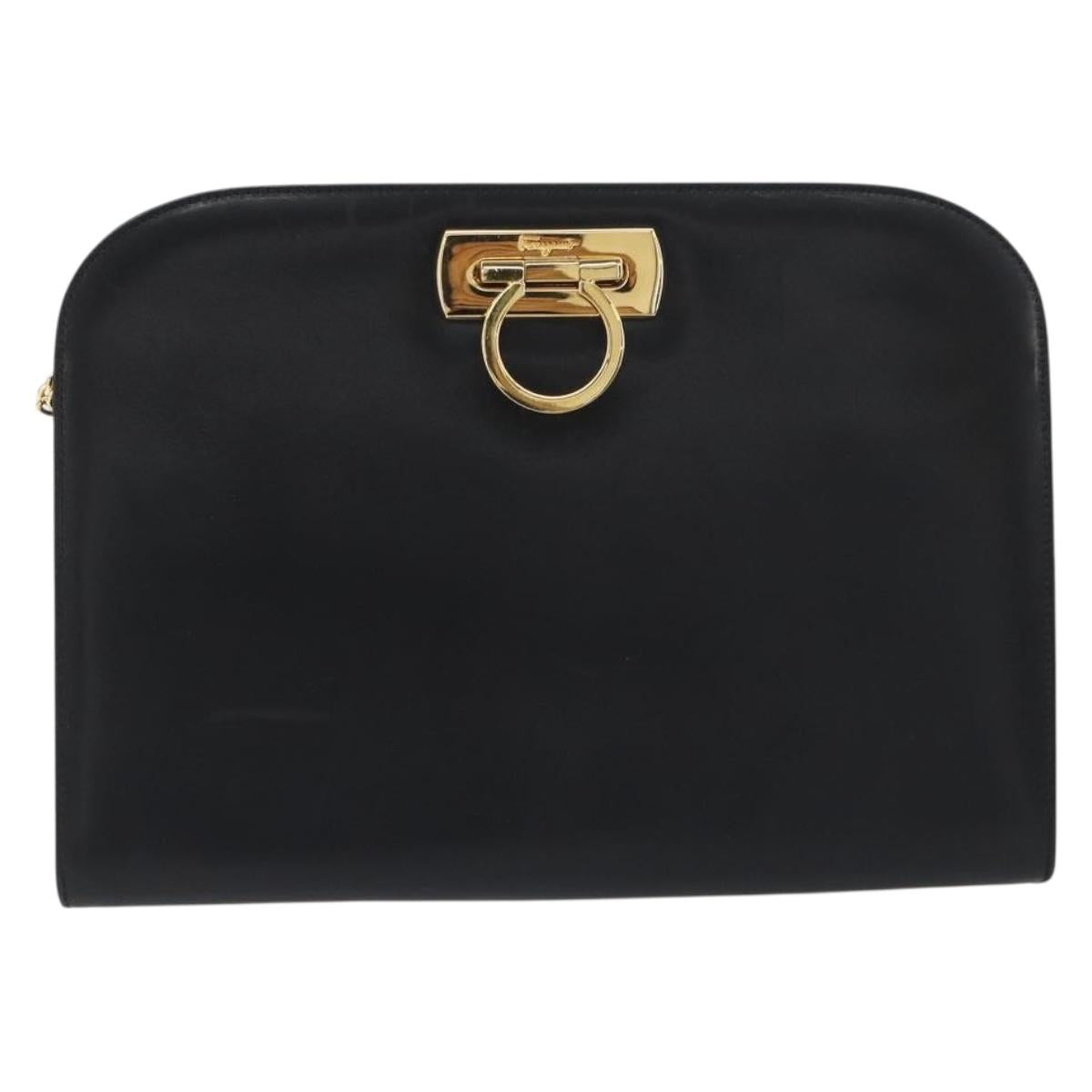 Salvatore Ferragamo Gancini Chain Shoulder Bag Leather Black Gold Auth 196249
