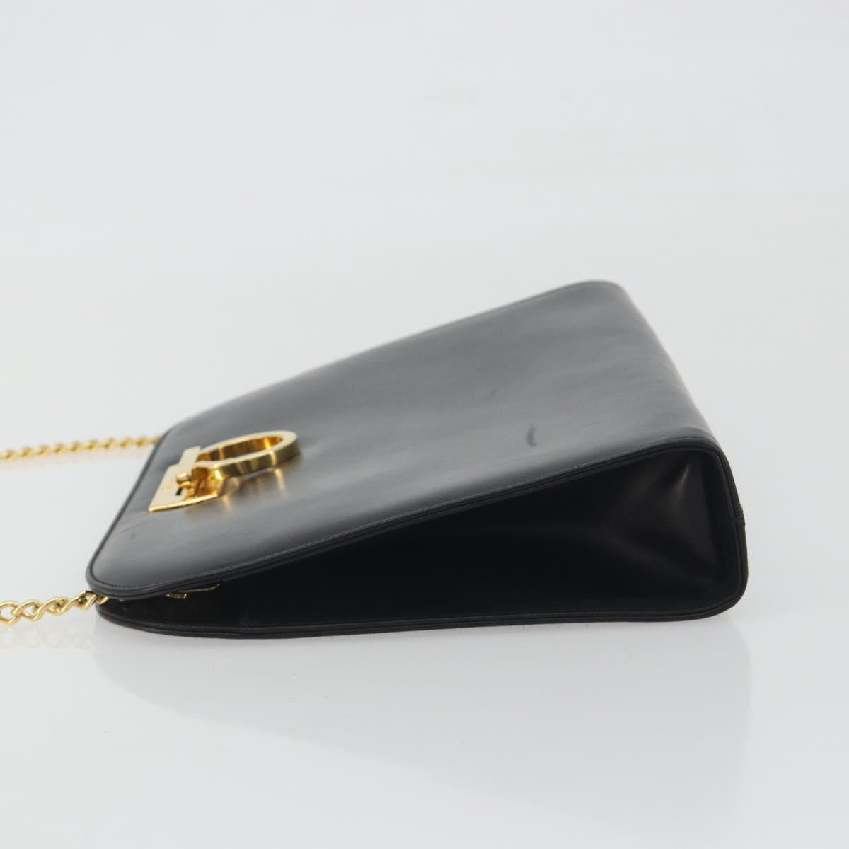 Salvatore Ferragamo Gancini Chain Shoulder Bag Leather Black Gold Auth 196249