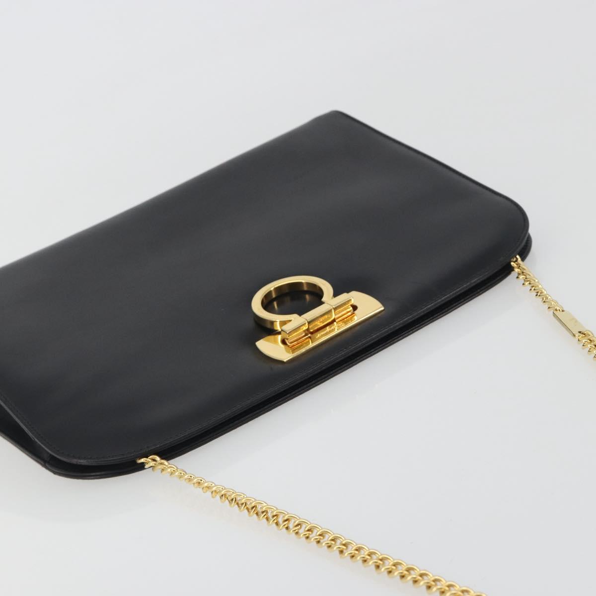 Salvatore Ferragamo Gancini Chain Shoulder Bag Leather Black Gold Auth 196249