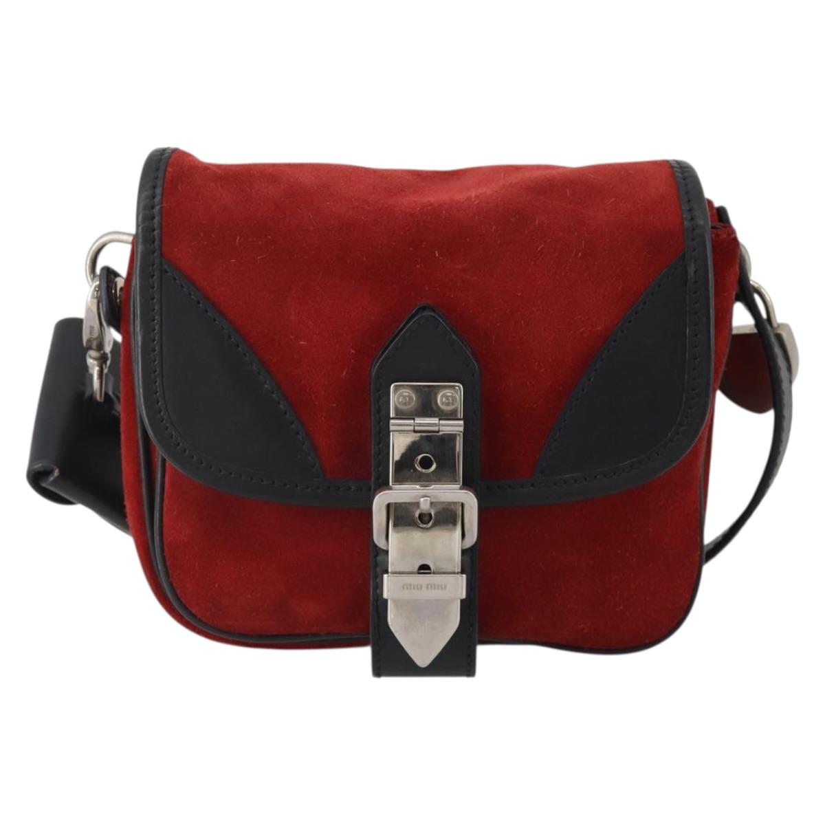 Miu Miu Shoulder Bag Suede Leather Red Black Auth 196252A