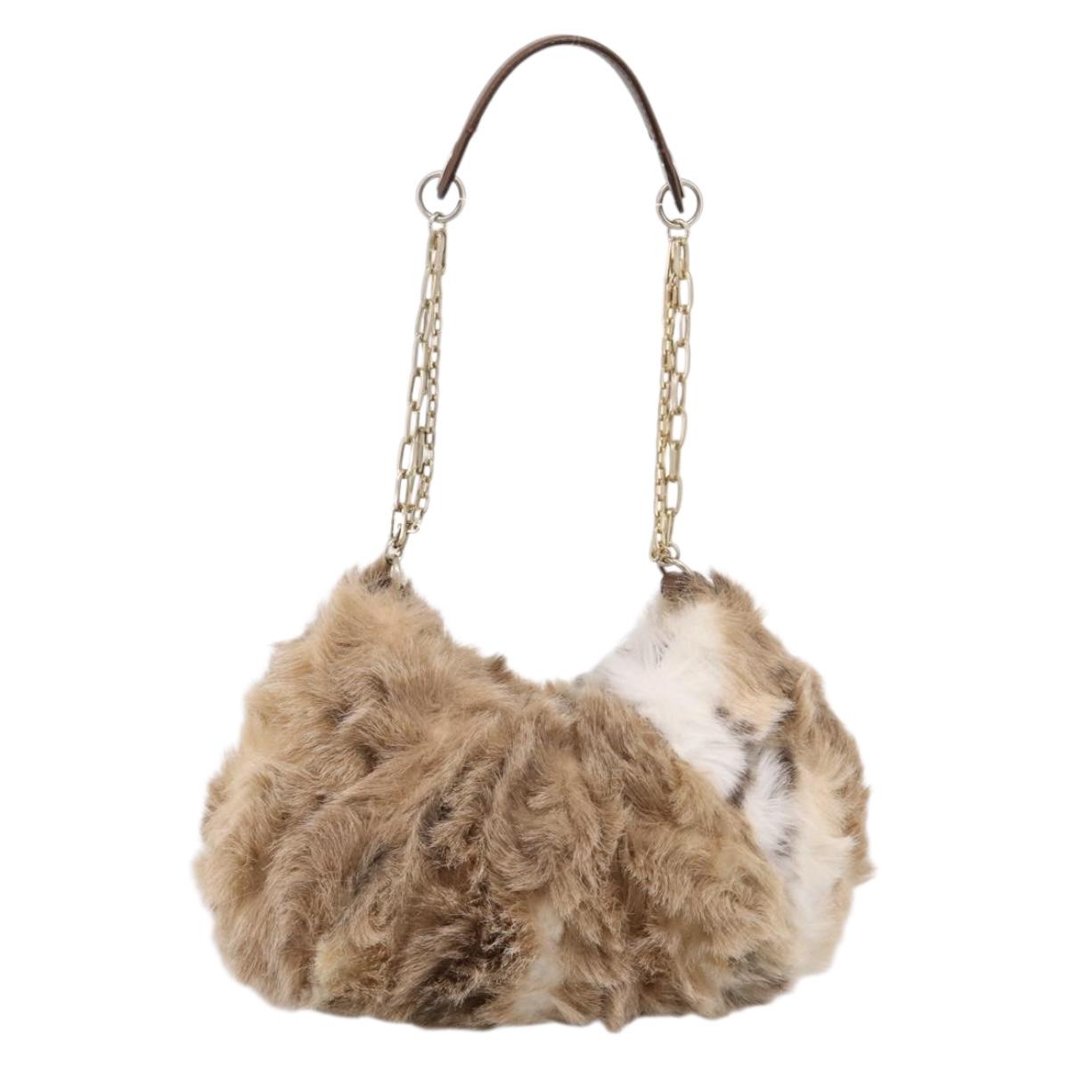 BURBERRY Chain Shoulder Bag Fur Beige Gold Auth 196269A