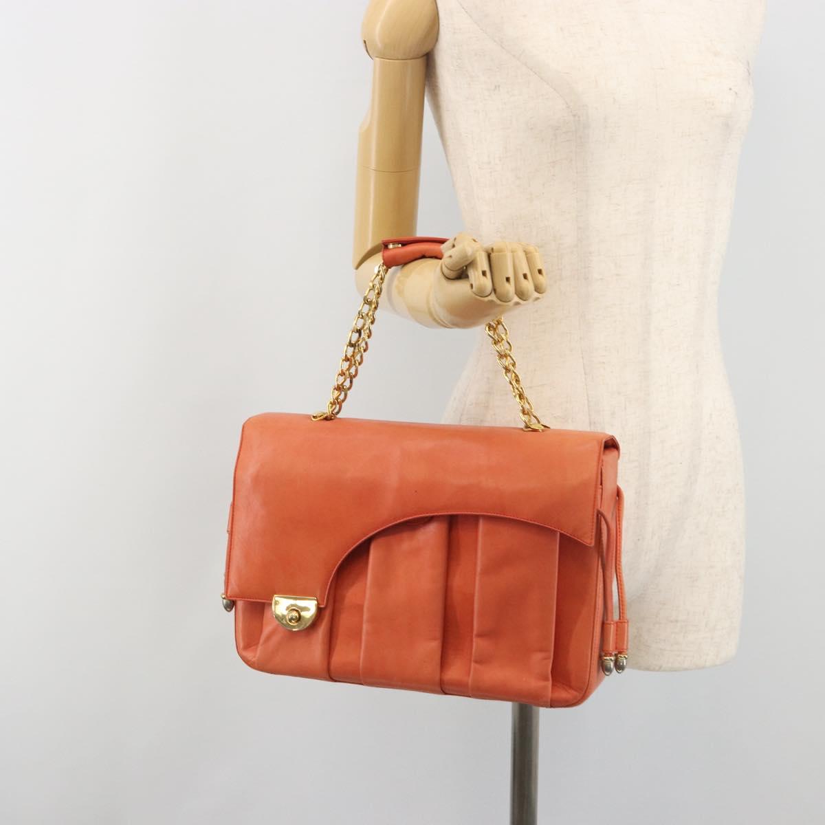 BALLY Chain Hand Bag Leather Orange Gold Auth 196277