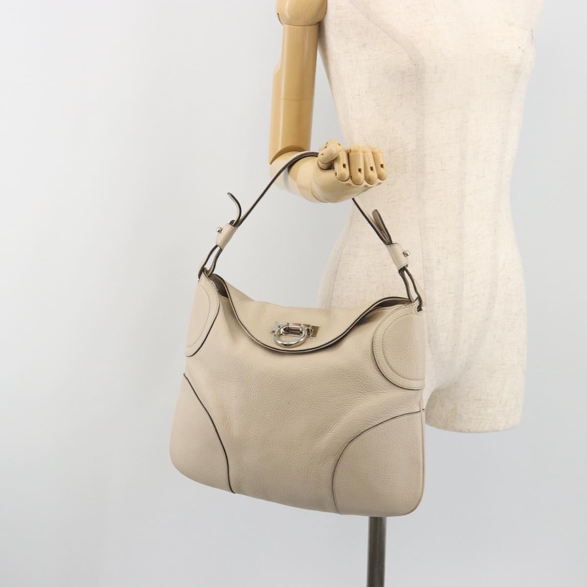 Salvatore Ferragamo Gancini Shoulder Bag Leather Ivory Silver Auth 196279