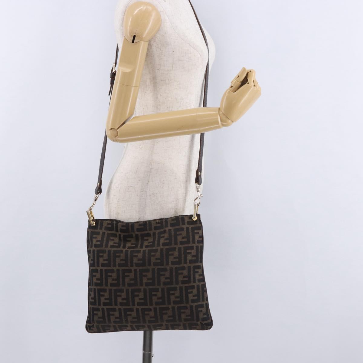 FENDI Zucca Canvas Shoulder Bag Brown Black Auth 196283