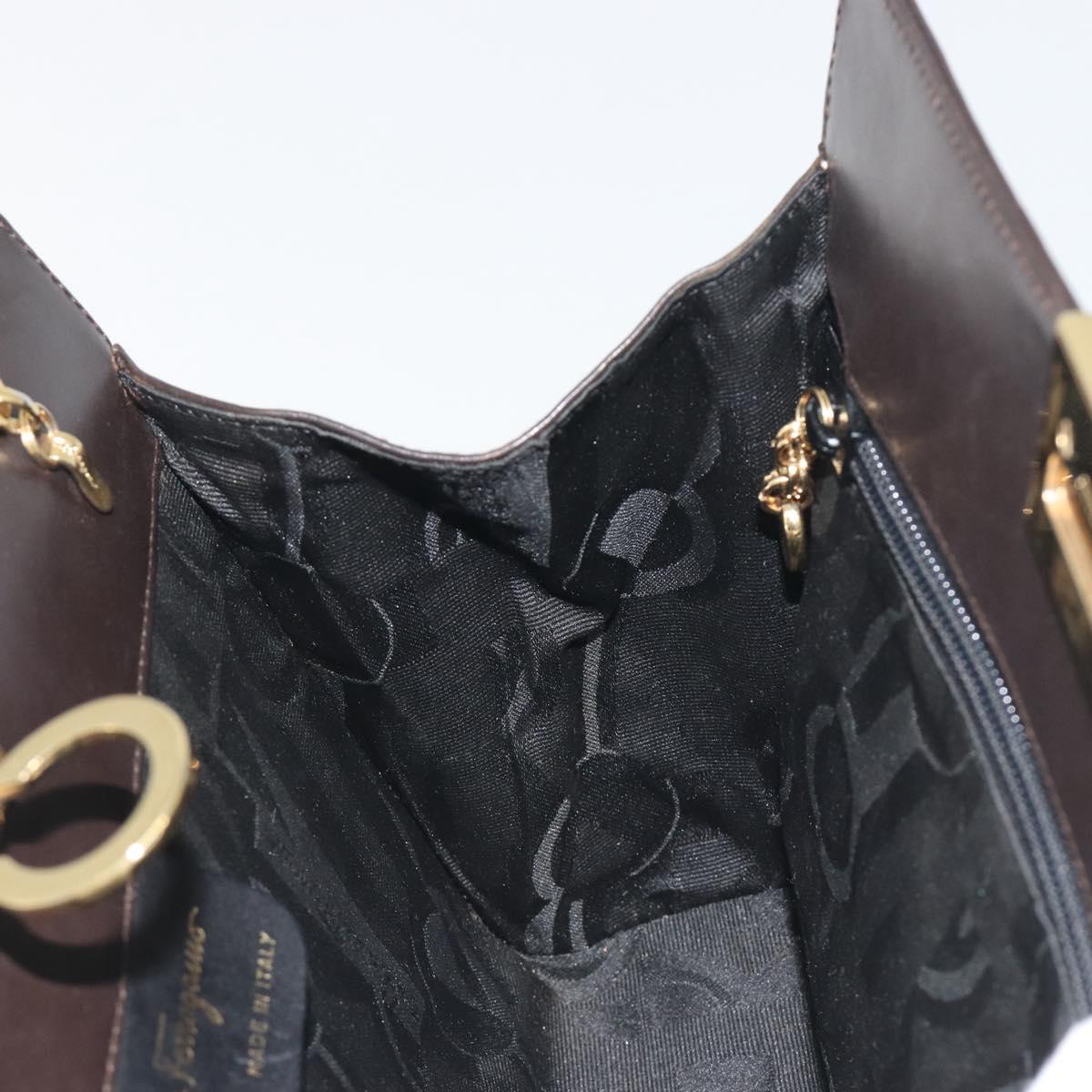 Salvatore Ferragamo Gancini Chain Bag Leather Dark Brown Gold Auth 196287
