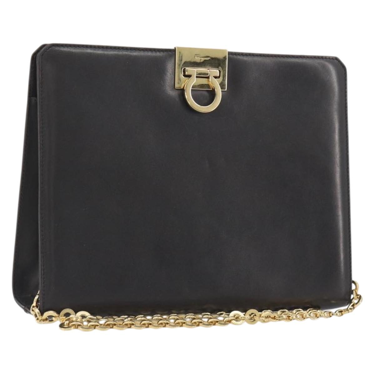 Salvatore Ferragamo Gancini Chain Bag Leather Dark Brown Gold Auth 196287
