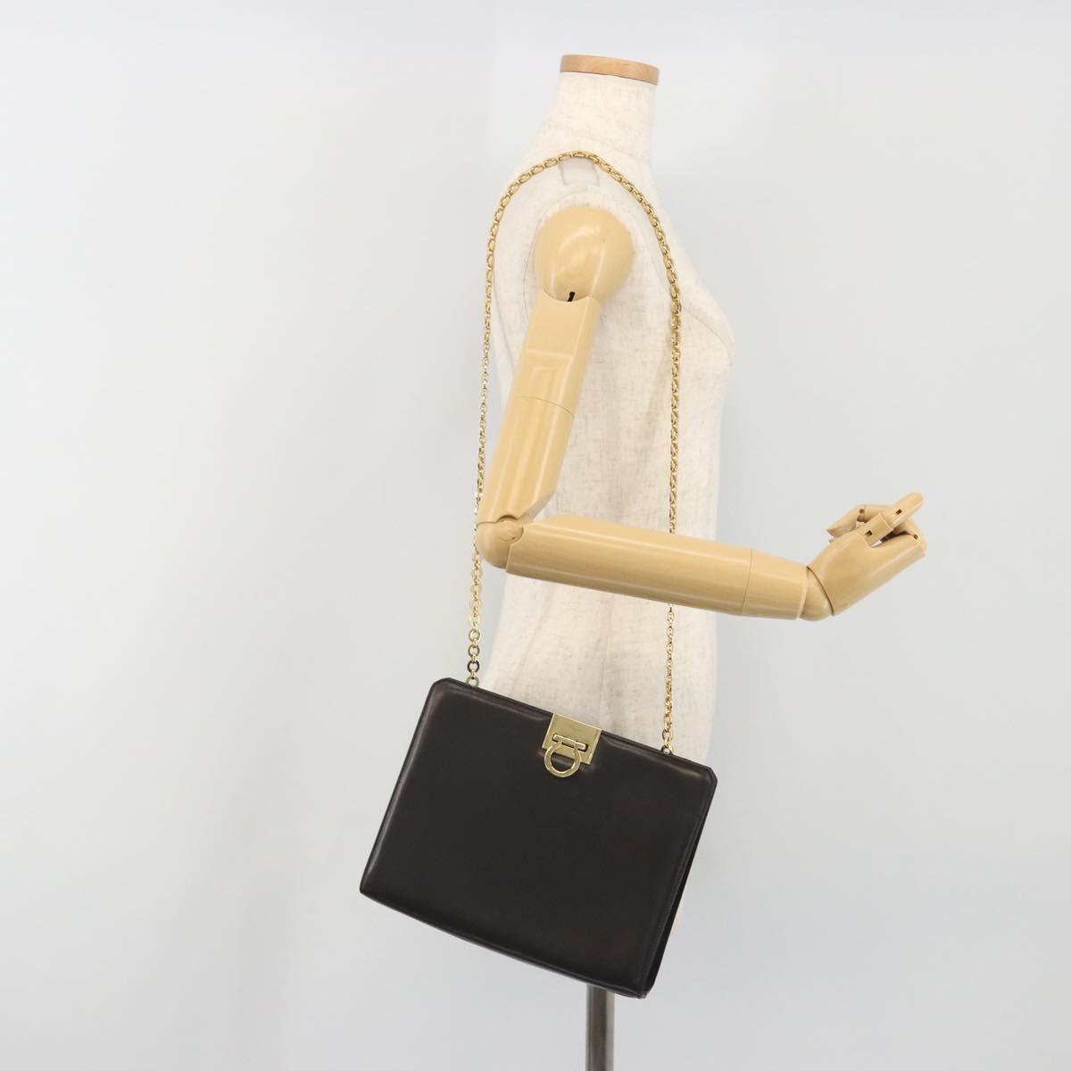 Salvatore Ferragamo Gancini Chain Bag Leather Dark Brown Gold Auth 196287