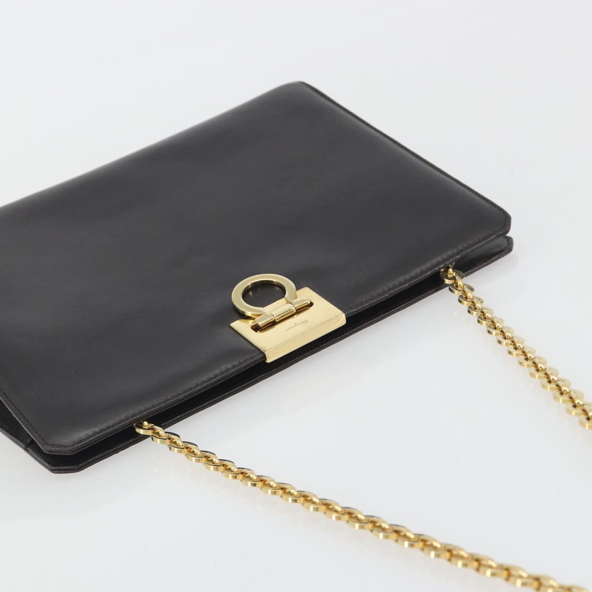 Salvatore Ferragamo Gancini Chain Bag Leather Dark Brown Gold Auth 196287