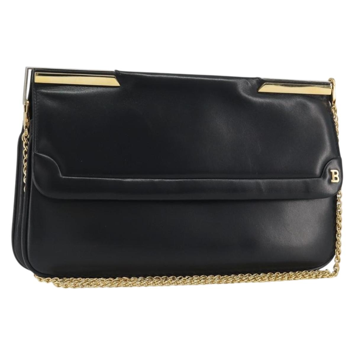 BALLY Chain Shoulder Bag Leather Black Gold Auth 196292