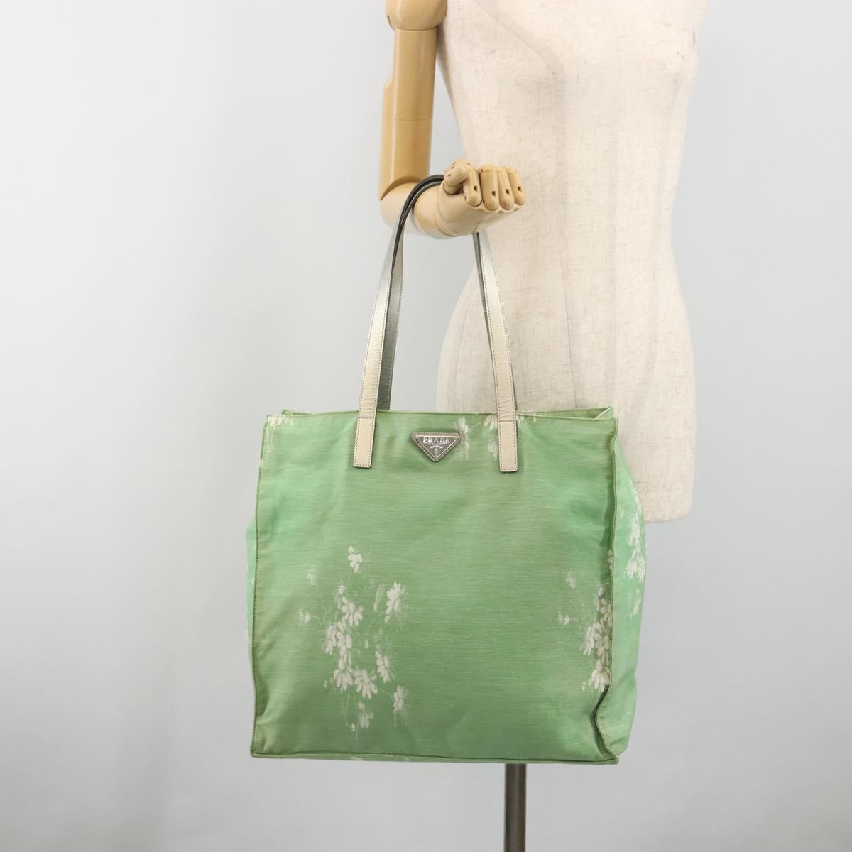 PRADA Tote Bag Canvas Green Silver Auth 196296A