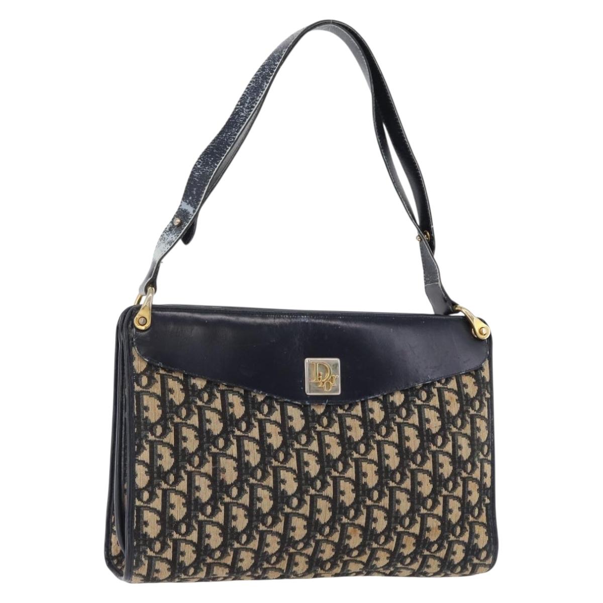 Christian Dior Trotter Canvas Shoulder Bag Navy Gold Auth 196302