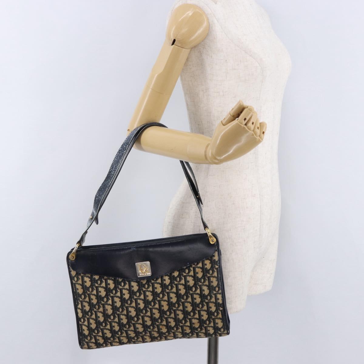 Christian Dior Trotter Canvas Shoulder Bag Navy Gold Auth 196302