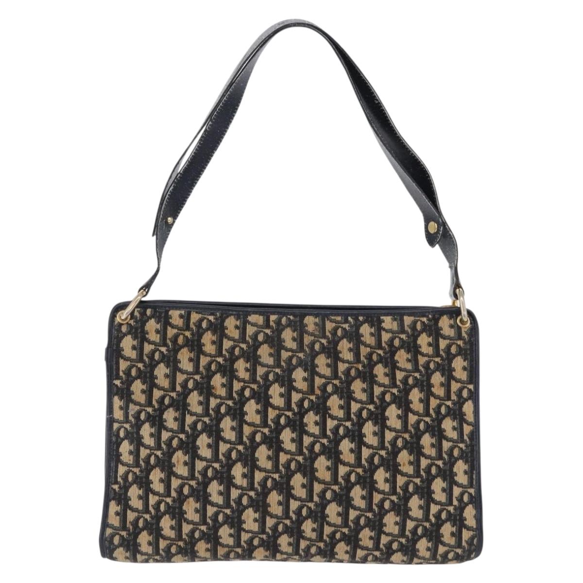 Christian Dior Trotter Canvas Shoulder Bag Navy Gold Auth 196302