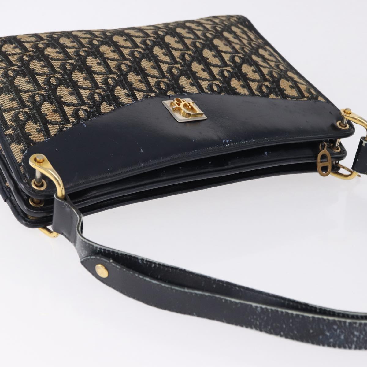 Christian Dior Trotter Canvas Shoulder Bag Navy Gold Auth 196302