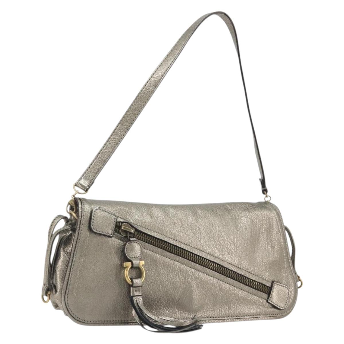 Salvatore Ferragamo Gancini Shoulder Bag Leather Silver Gold Auth 196304A