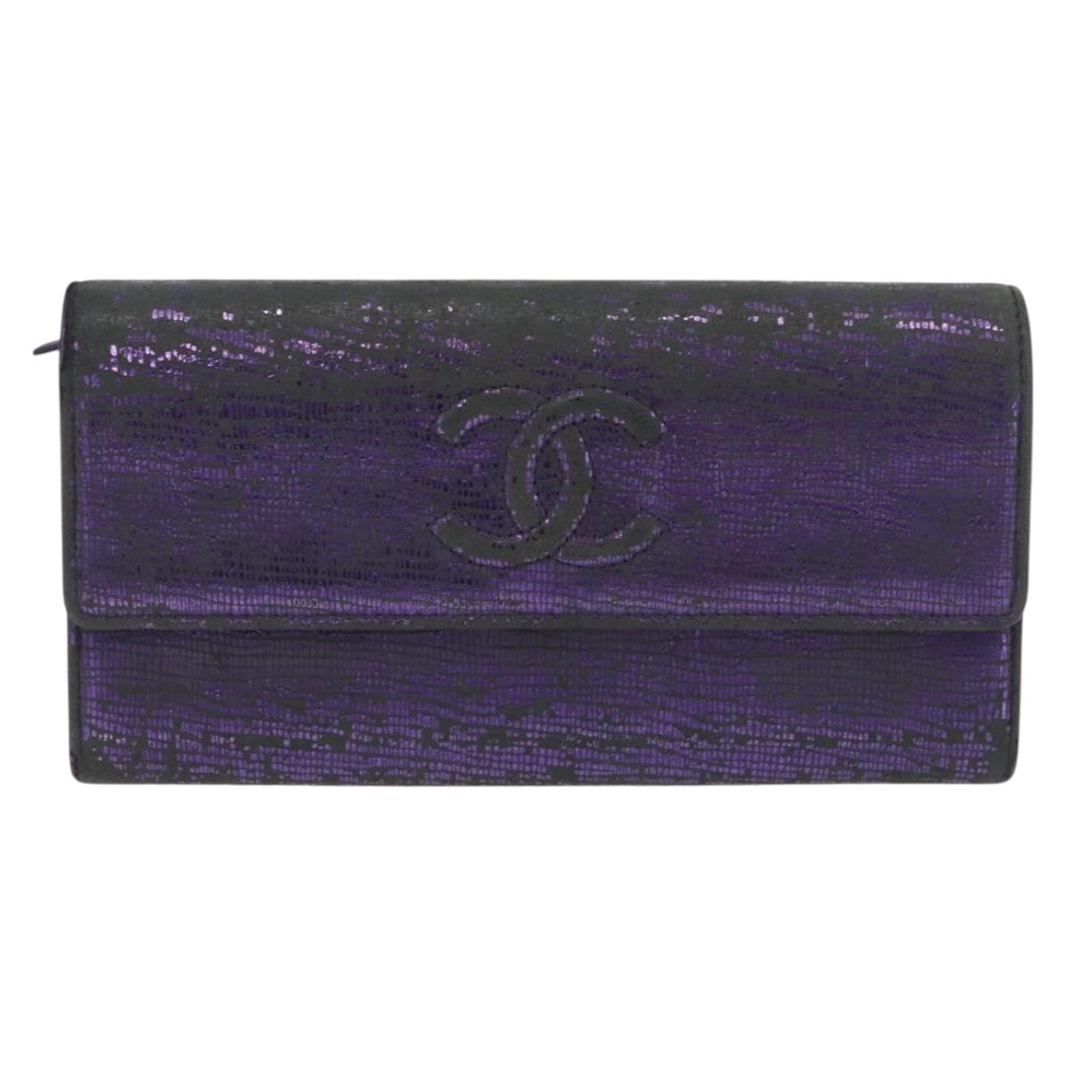 CHANEL Long Wallet Leather Purple CC Auth 196318