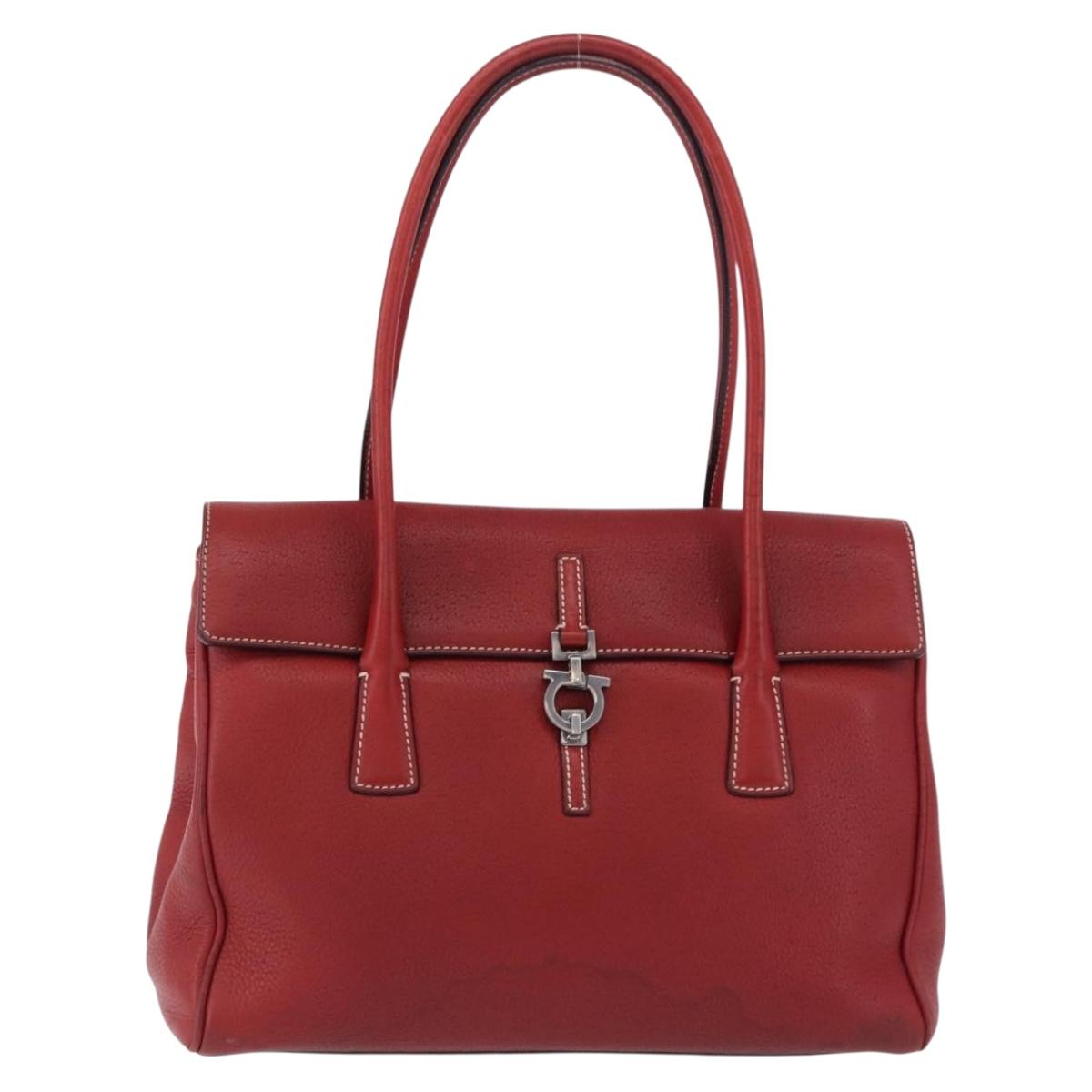 Salvatore Ferragamo Gancini Hand Bag Leather Red Silver Auth 196333
