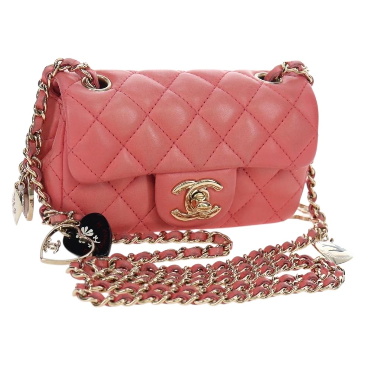 CHANEL Mini Matelasse 14 Valentine Chain Bag Lamb Skin Pink CC Auth 196341SAM