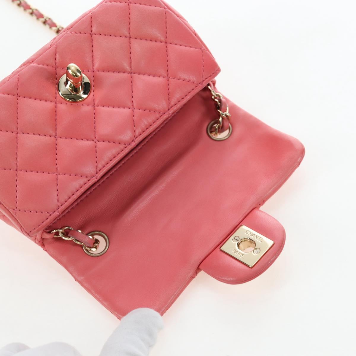 CHANEL Mini Matelasse 14 Valentine Chain Bag Lamb Skin Pink CC Auth 196341SAM