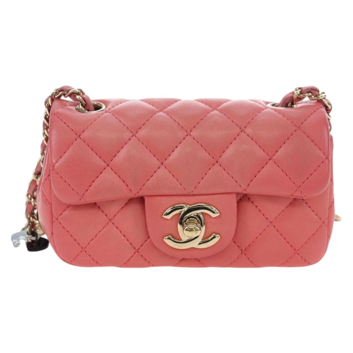 CHANEL Mini Matelasse 14 Valentine Chain Bag Lamb Skin Pink CC Auth 196341SAM