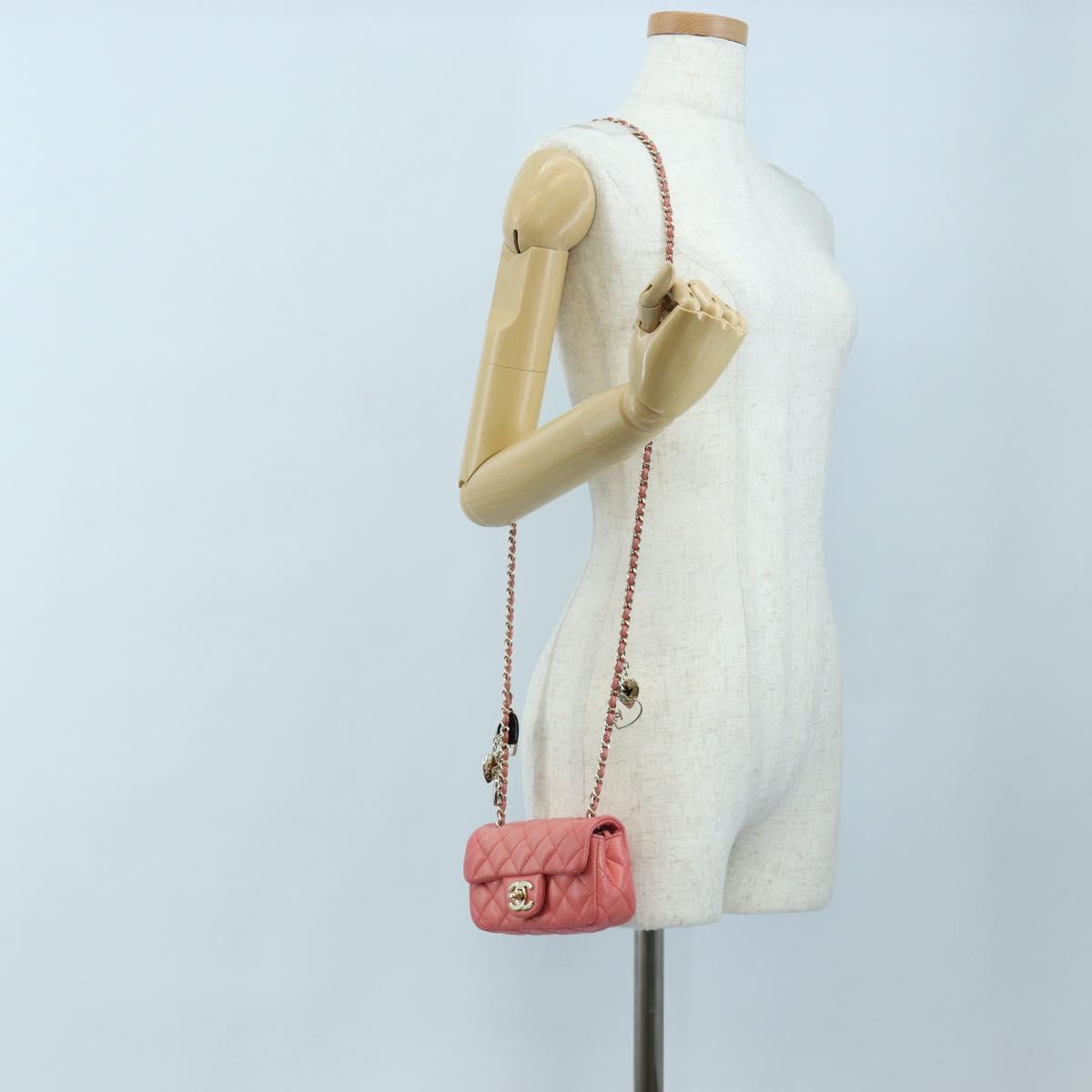 CHANEL Mini Matelasse 14 Valentine Chain Bag Lamb Skin Pink CC Auth 196341SAM