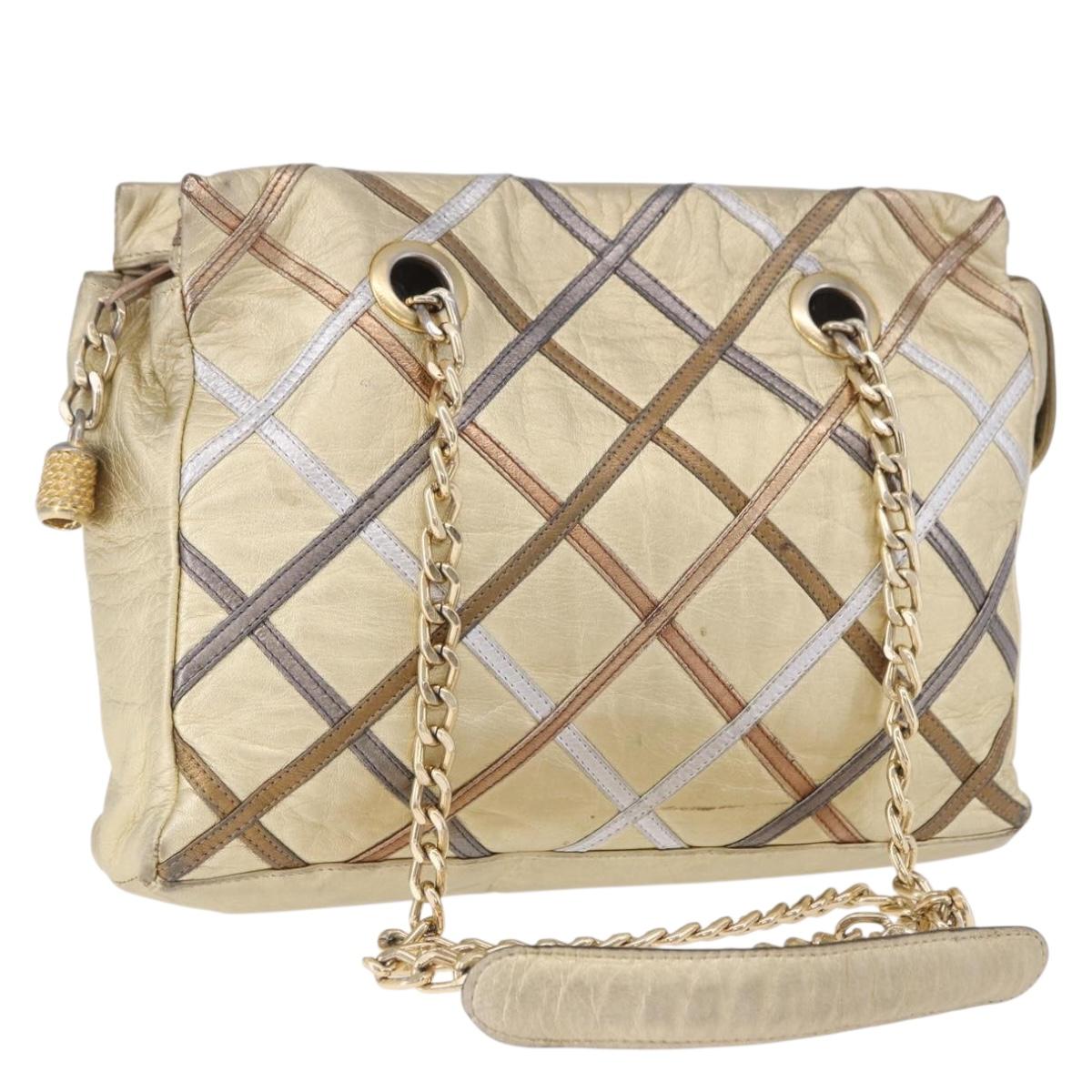 BALLY Chain Shoulder Bag Leather Gold Auth 196346