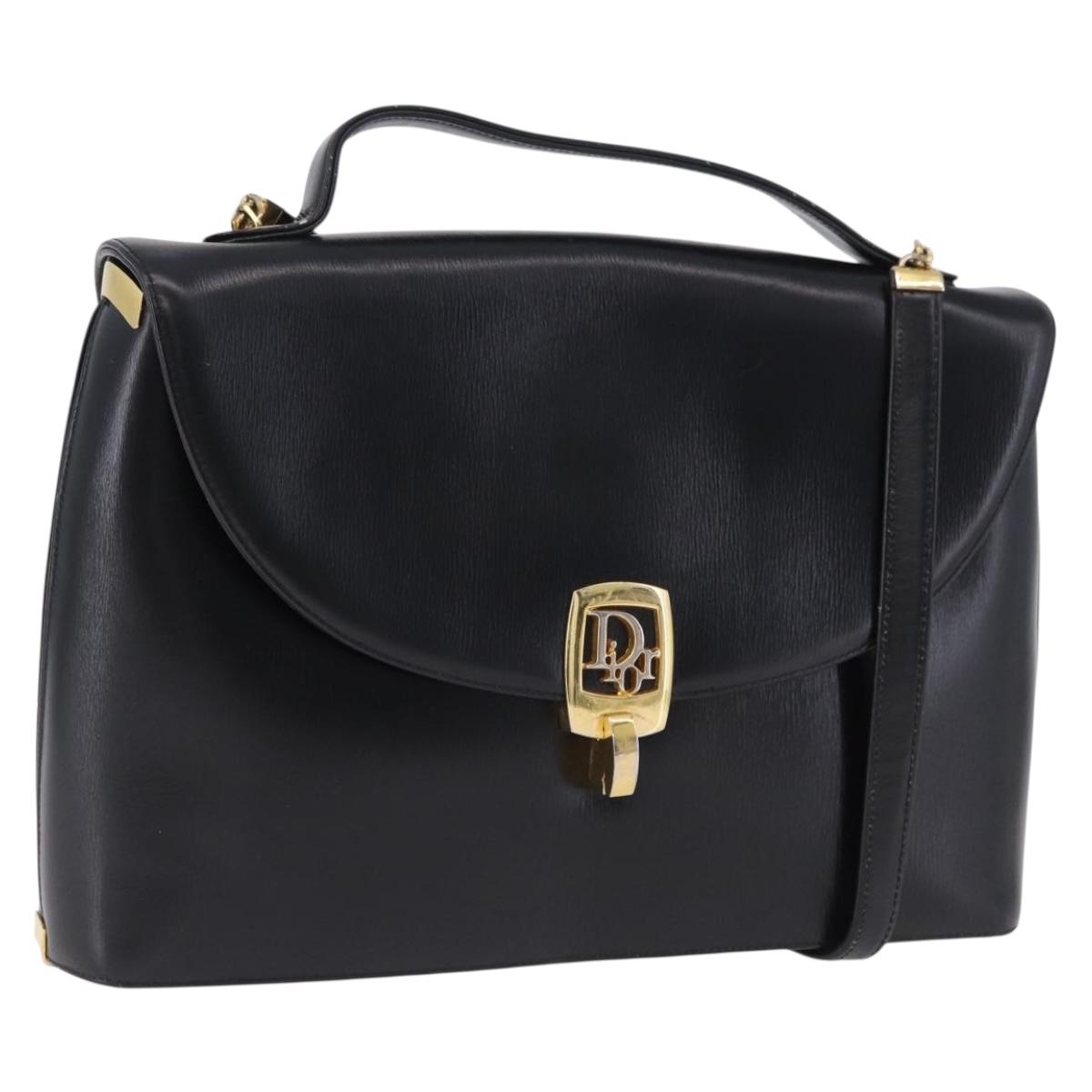 Christian Dior Hand Bag Calf Skin 2way Black Gold Auth 196348A
