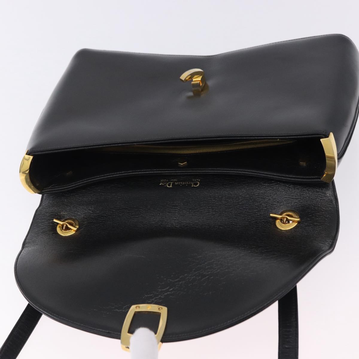 Christian Dior Hand Bag Calf Skin 2way Black Gold Auth 196348A