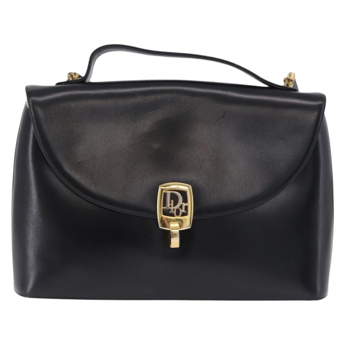 Christian Dior Hand Bag Calf Skin 2way Black Gold Auth 196348A