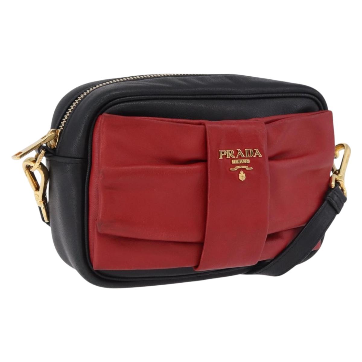 PRADA Ribbon Shoulder Bag Leather Black Gold Auth 196349A