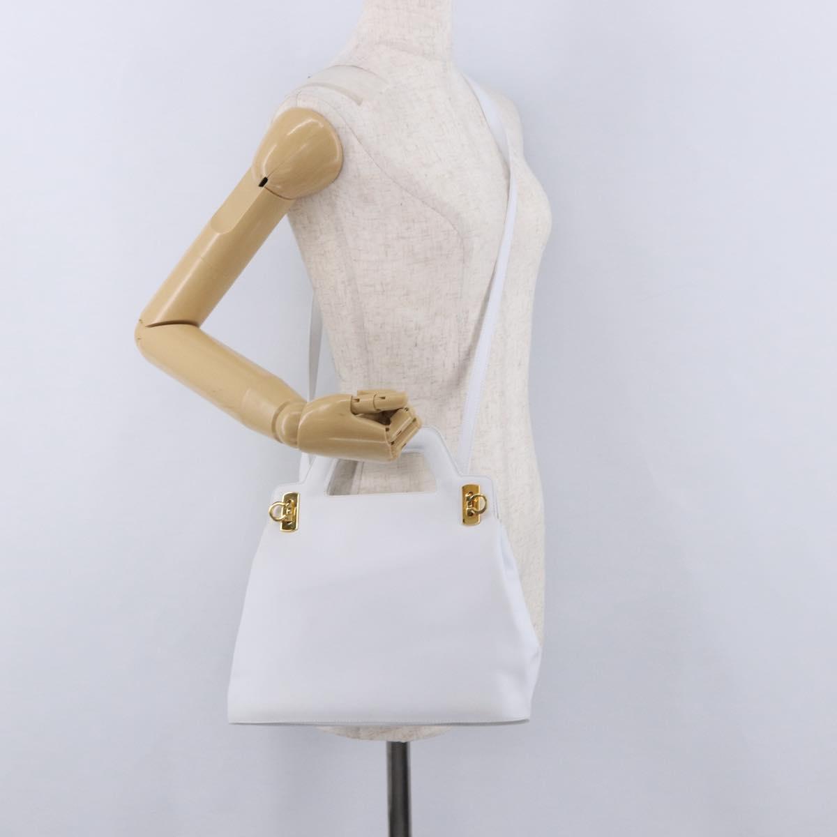 Salvatore Ferragamo Gancini Hand Bag Leather 2way White Gold Auth 196350