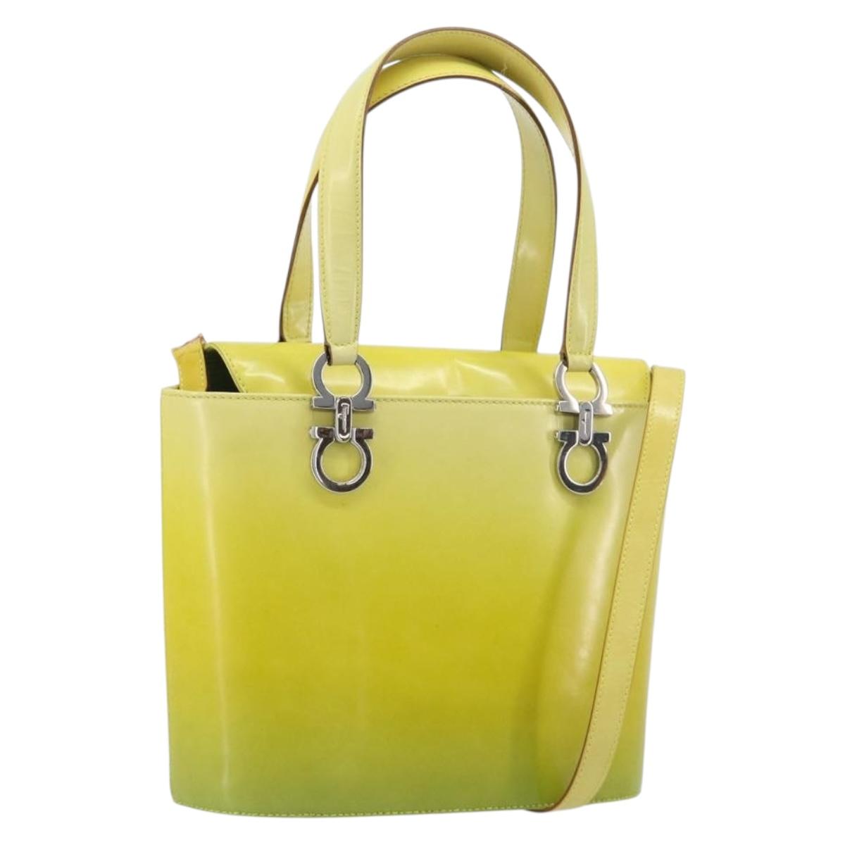 Salvatore Ferragamo Gancini Hand Bag Leather 2way Yellow Silver Auth 196351