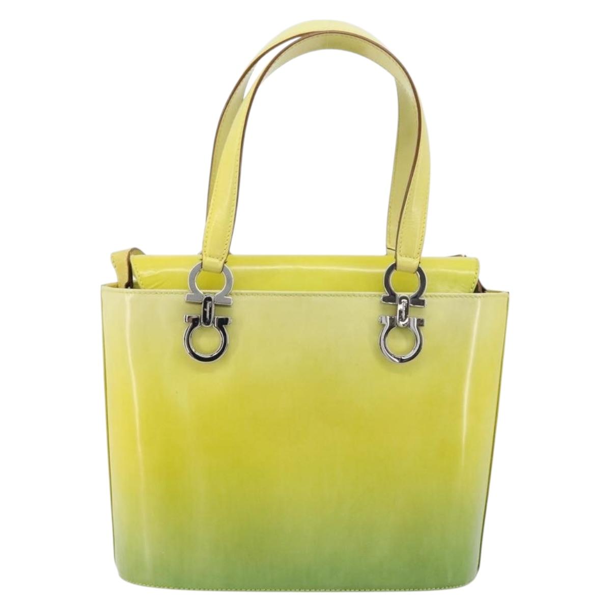 Salvatore Ferragamo Gancini Hand Bag Leather 2way Yellow Silver Auth 196351