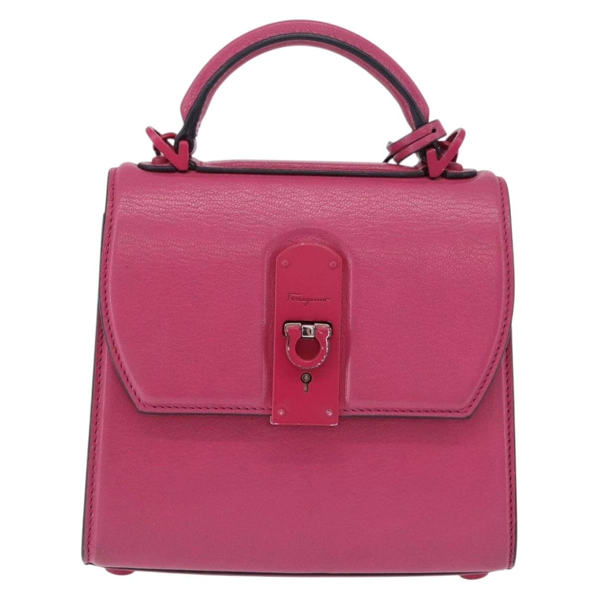 Salvatore Ferragamo Gancini Hand Bag Leather 2way Pink Silver Auth 196358A