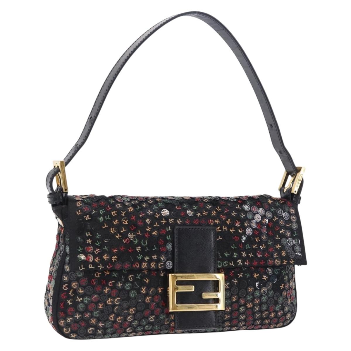 FENDI Mamma Baguette Shoulder Bag Nylon Sequins 2way Brown Gold Auth 196362SM