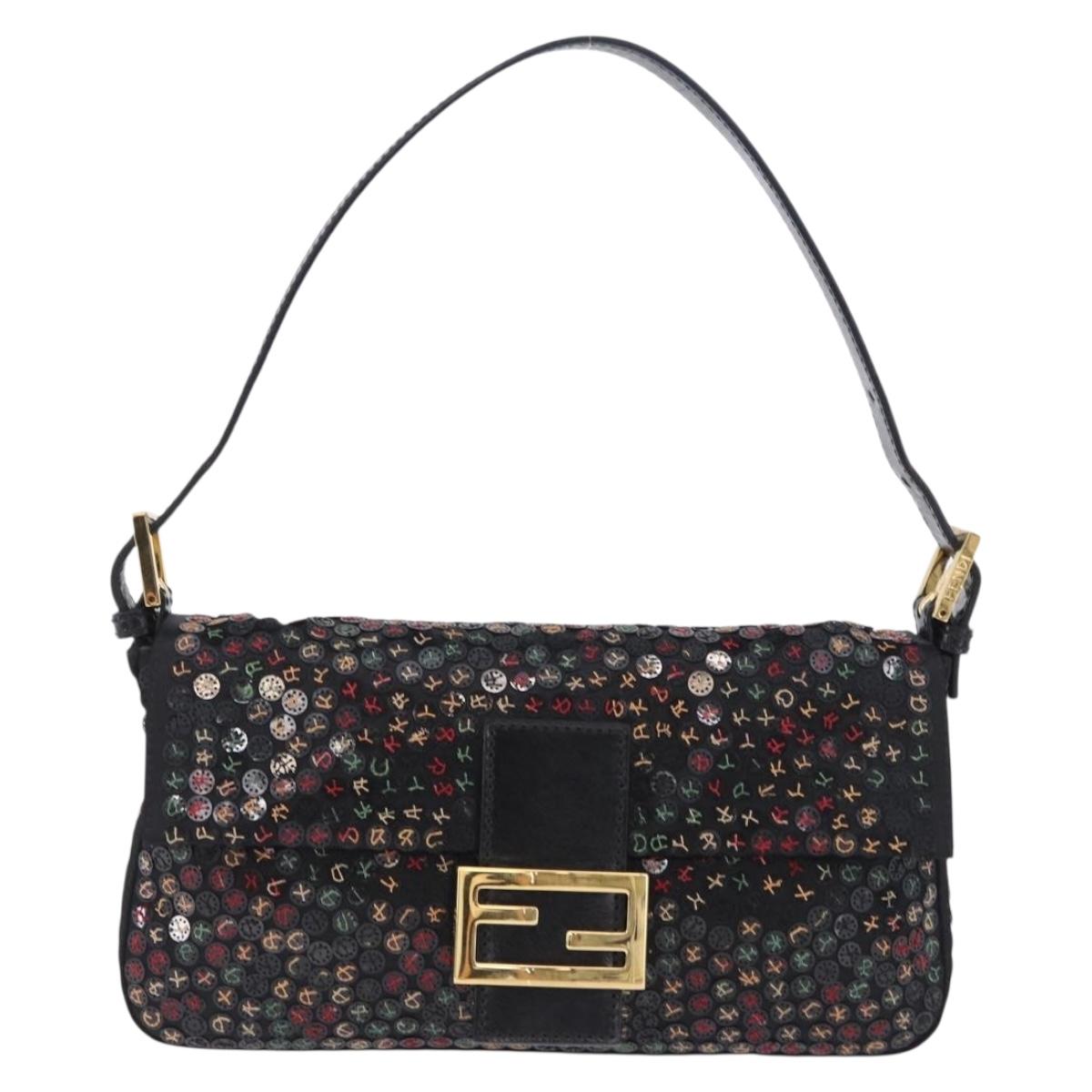 FENDI Mamma Baguette Shoulder Bag Nylon Sequins 2way Brown Gold Auth 196362SM