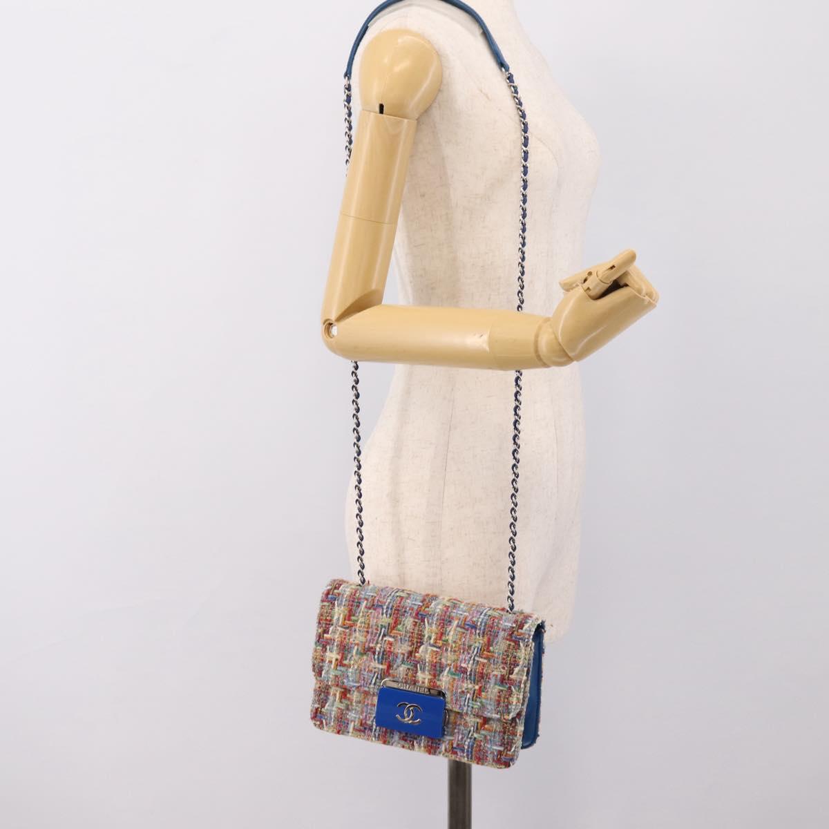 CHANEL Chain Shoulder Bag Tweed Multicolor Silver CC Auth 196363SM