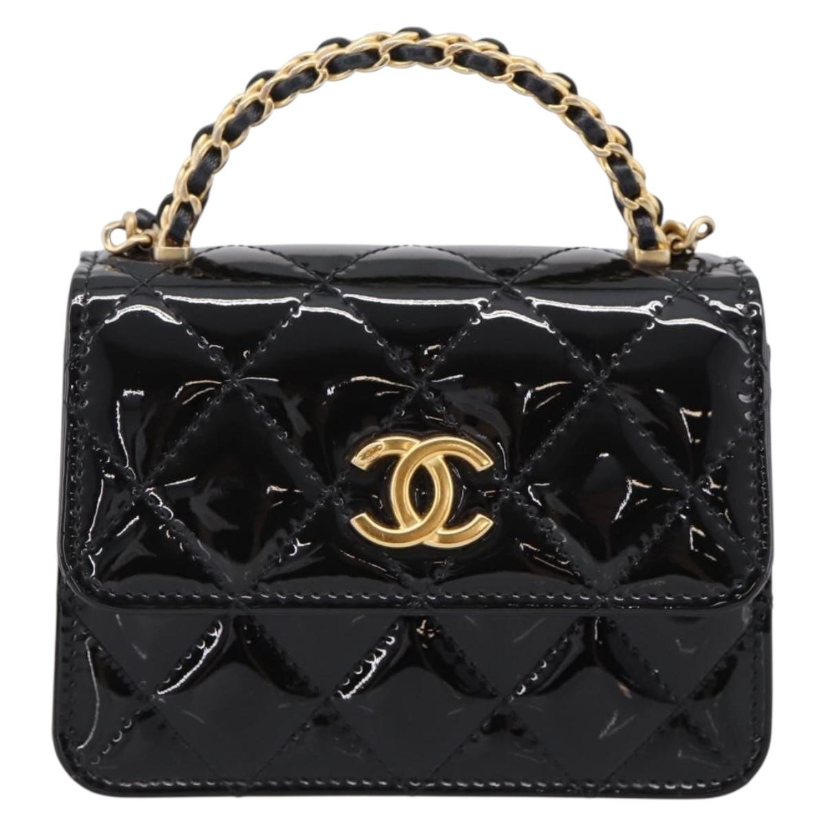 CHANEL Matelasse Hand Bag Patent Leather 2way Black Gold CC Auth 196372SAM