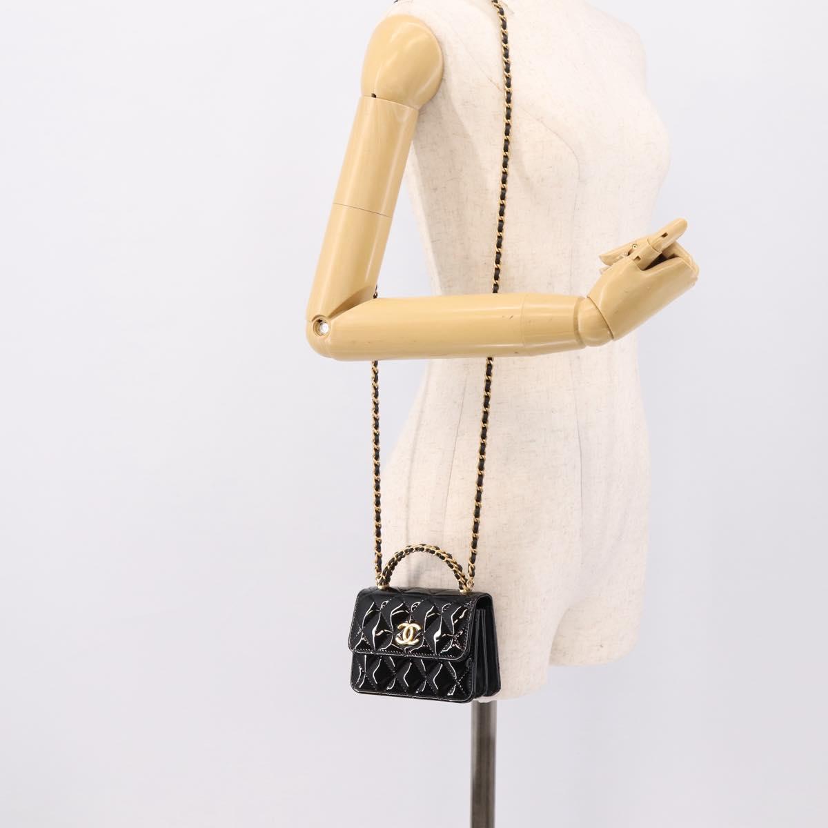 CHANEL Matelasse Hand Bag Patent Leather 2way Black Gold CC Auth 196372SAM